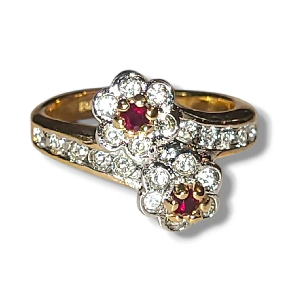 Vintage 18K HGE CZ Red Ruby Color Flower Bypass Ring‎ Gold Tone Statement Sz 6